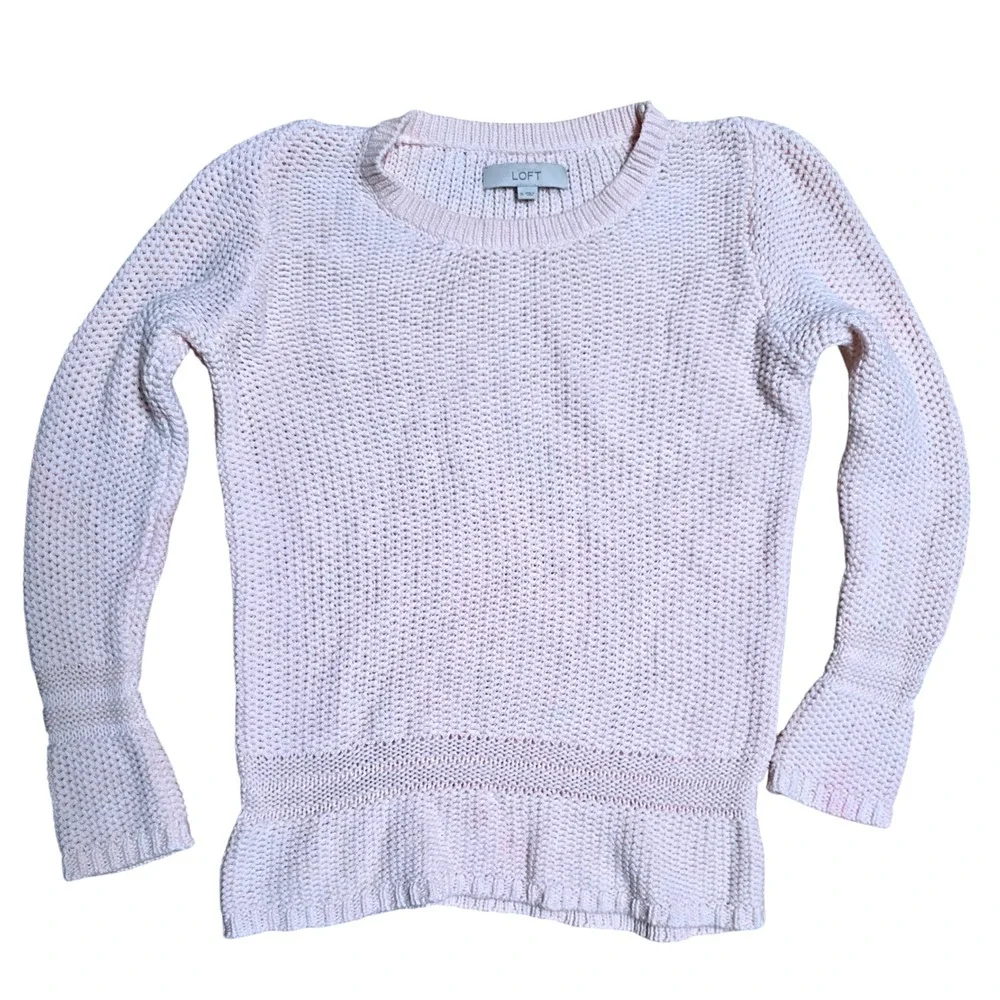 LOFT Women's Light Pink Crew Neck Mesh Knit Cotton Sweater Size Medium